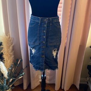 Distressed Denim Button Down Midi Skirt